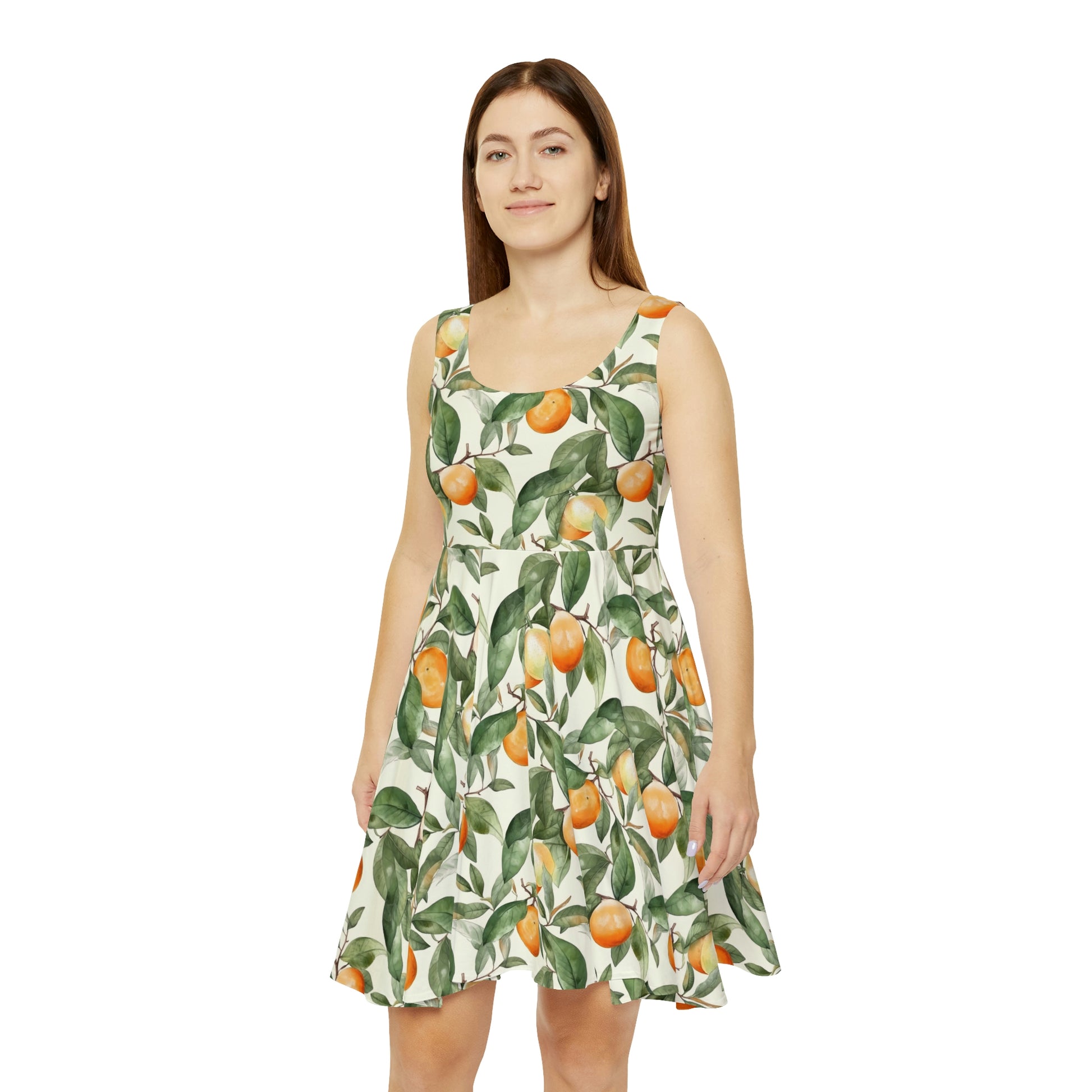 Citrus Jungle Skater Dress, oranges and leaves pattern