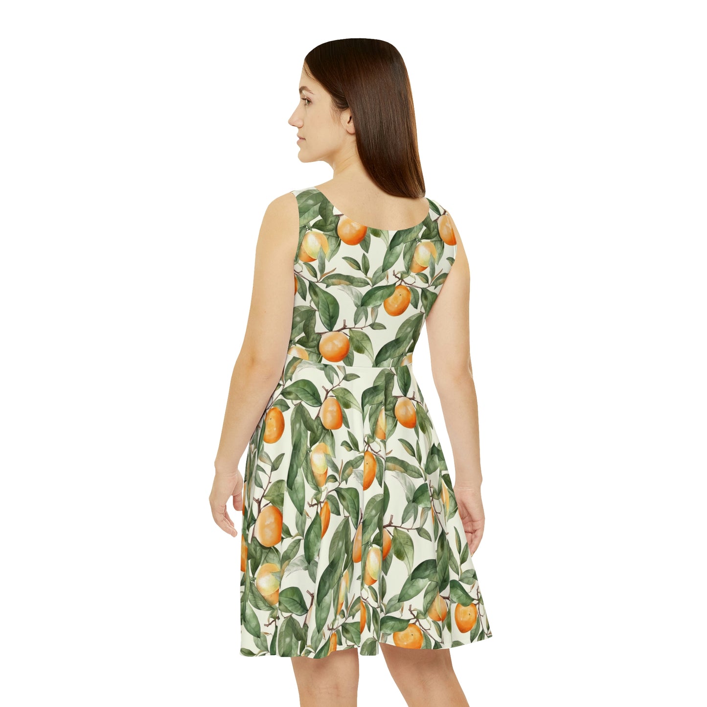 Citrus Jungle Skater Dress, oranges and leaves pattern