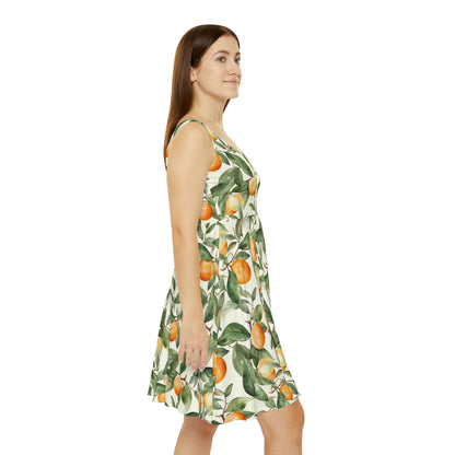 Citrus Jungle Skater Dress, oranges and leaves pattern